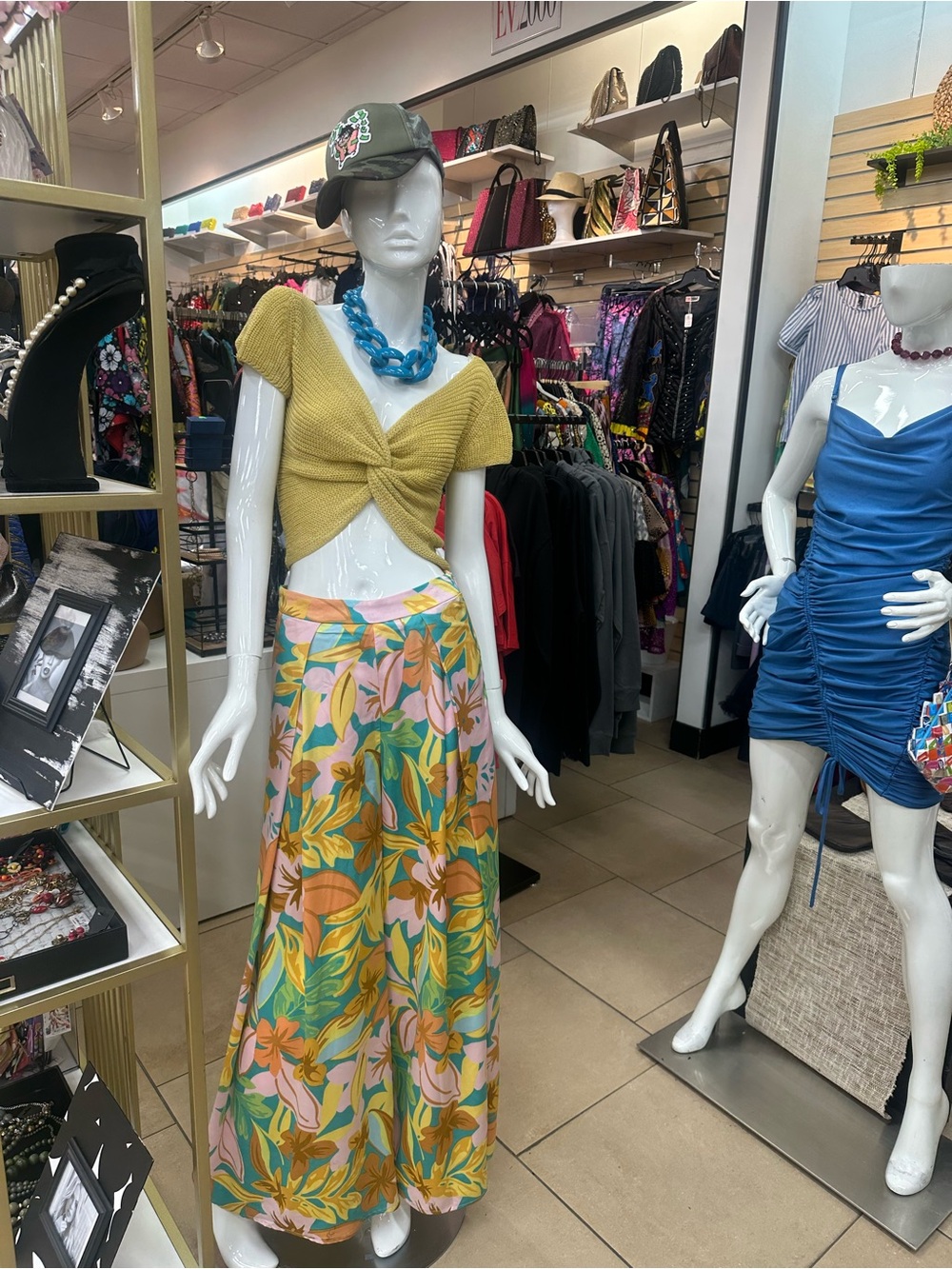 Yellow Twist Crop Top with Tropical Print Maxi Skirt
